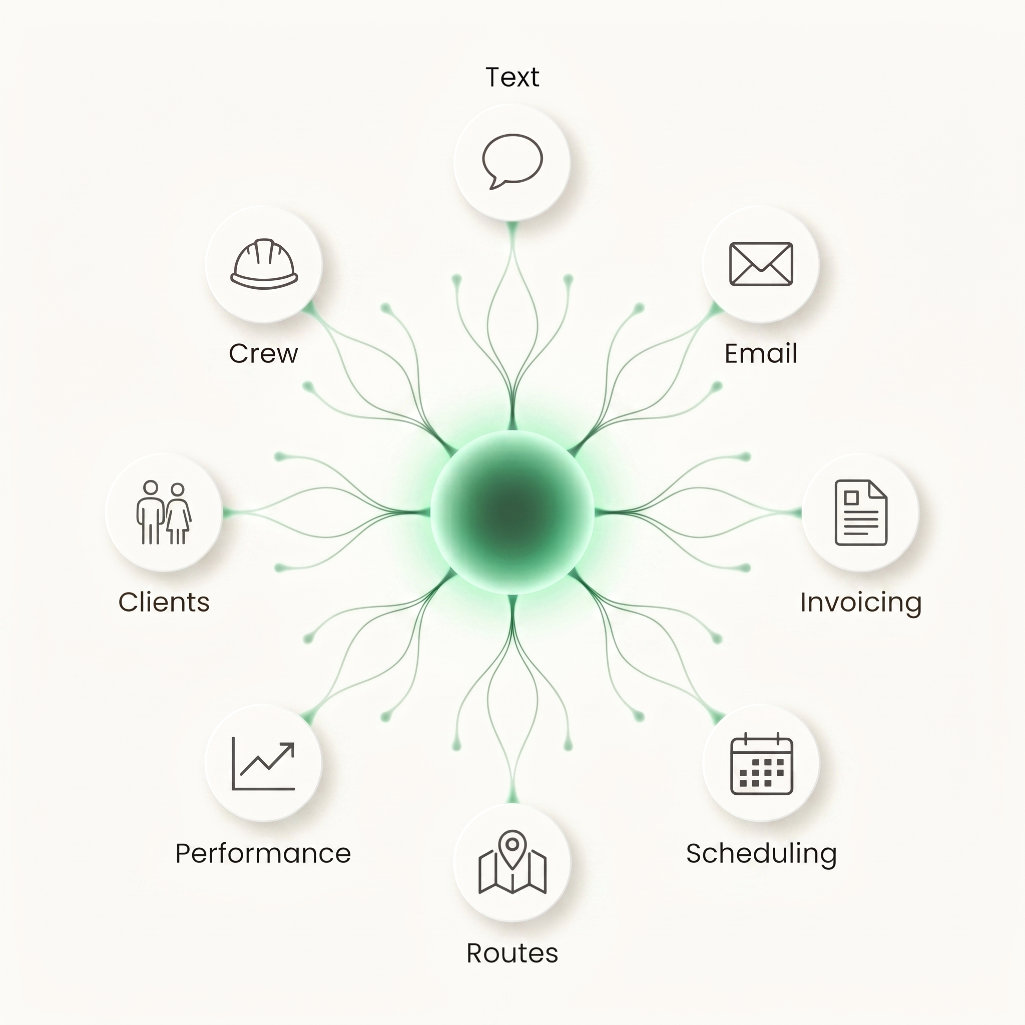 Zentra connects to every tool in your platform — text, email, invoicing, scheduling, routes, performance, clients, crew