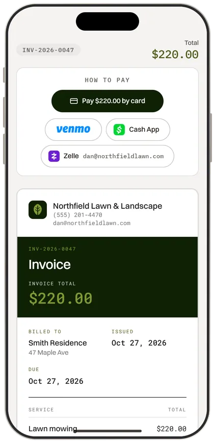 A customer's invoice on their phone with pay by card, Venmo, Cash App and Zelle buttons