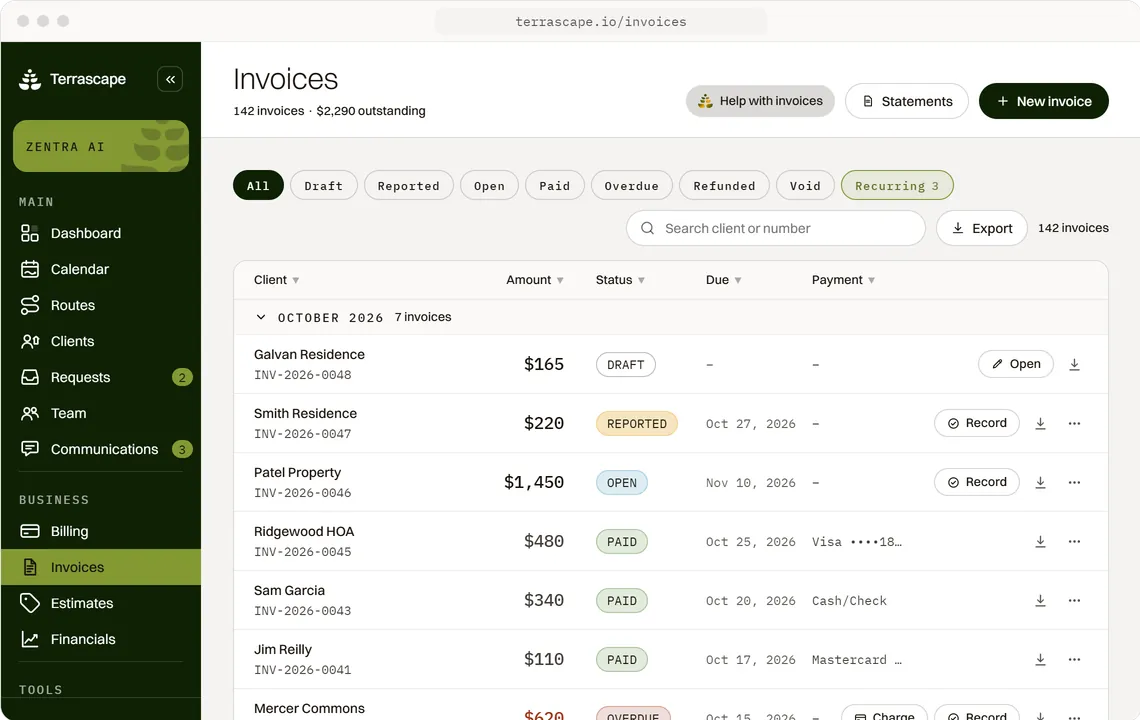 Terrascape invoices screen listing draft, sent, paid and overdue landscaping invoices