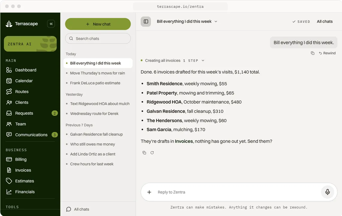 Zentra, the AI in Terrascape, drafting six invoices from a week of lawn mowing visits